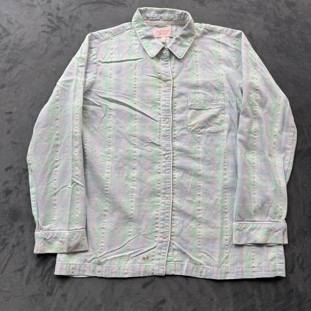 Victorias Secret Pastel Plaid Pajama Top Silver Metallic Stripe Medium M